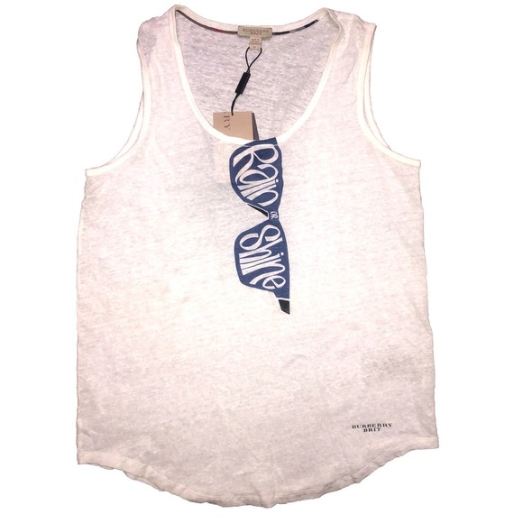 Burberry‎ Brit Tank Top Women's M White 100% Linen Rain Or Shine Sunglasses NEW - Picture 1 of 9